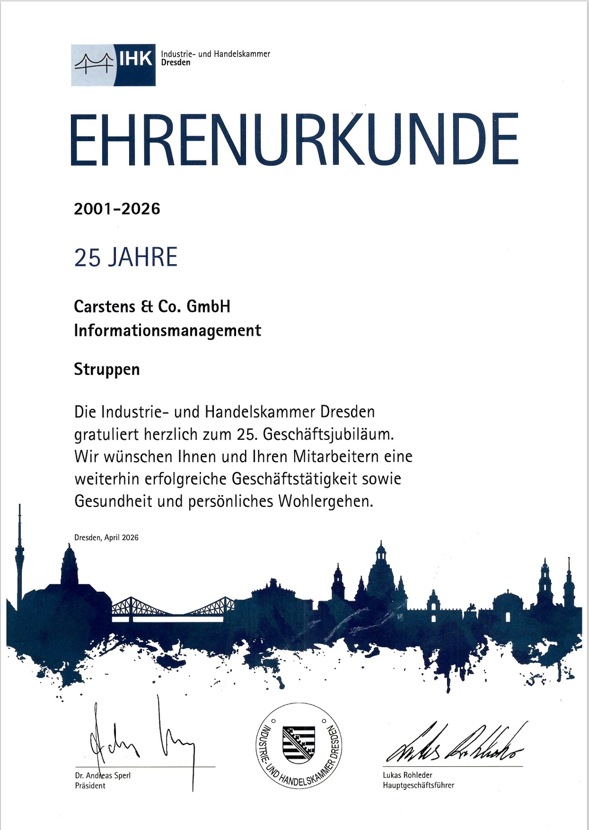 Ehrenurkunde der IHK Dresden